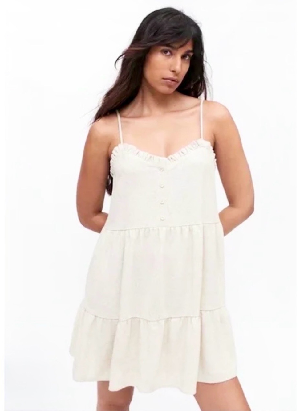 Urban Outfitters Cream Ruffle-Trim Tiered Mini Dress